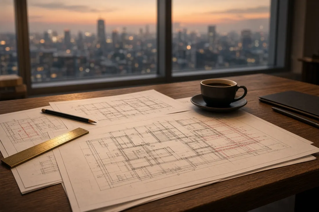 Fire strategy drawings on the desk
